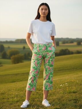 Lilly Pulitzer Pink and Green Tropical Monkey Capri Pants    NWOT    size 10